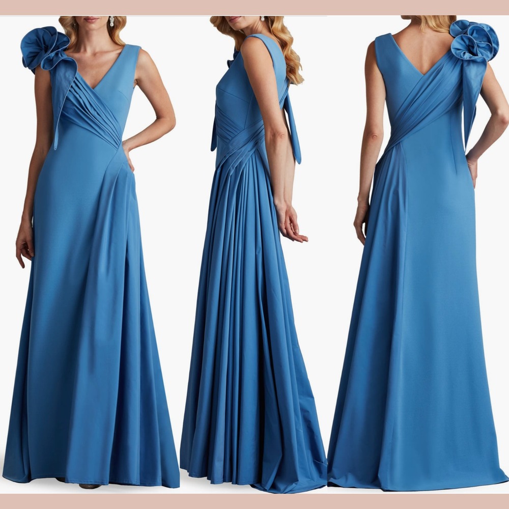 Tadashi Shoji Elegant Blue Gown with Shoulder Bow
